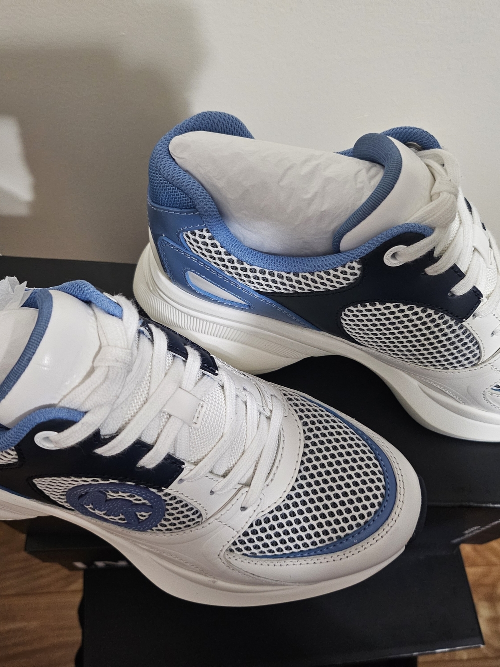 Michael Kors White and Blue Mesh Athletic Sneakers
